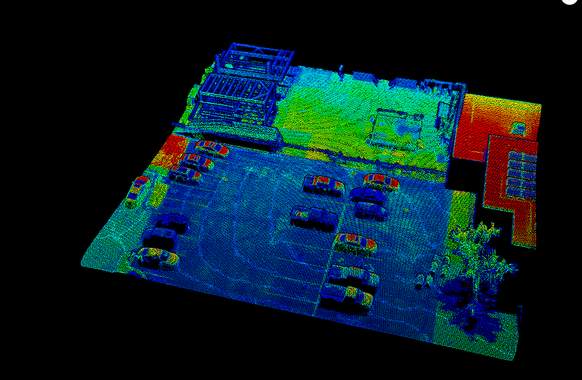 Colorized 3D point-cloud scan of rooftops, parked cars, streets, and trees viewed from above