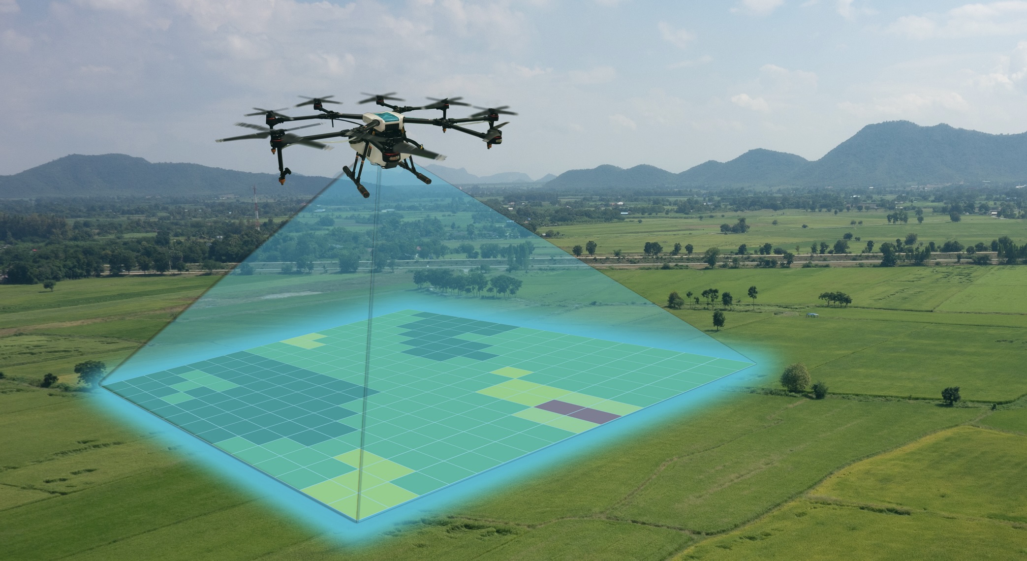 A drone in flight over a field, showcasing a map that highlights the terrain beneath it.